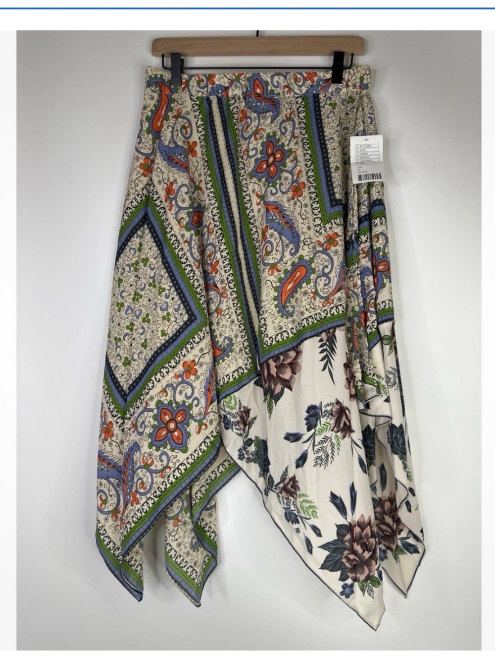 Anthropologie Asymmetrical Paisley & Floral Handkerchief Hem Skirt - Ivory Multi